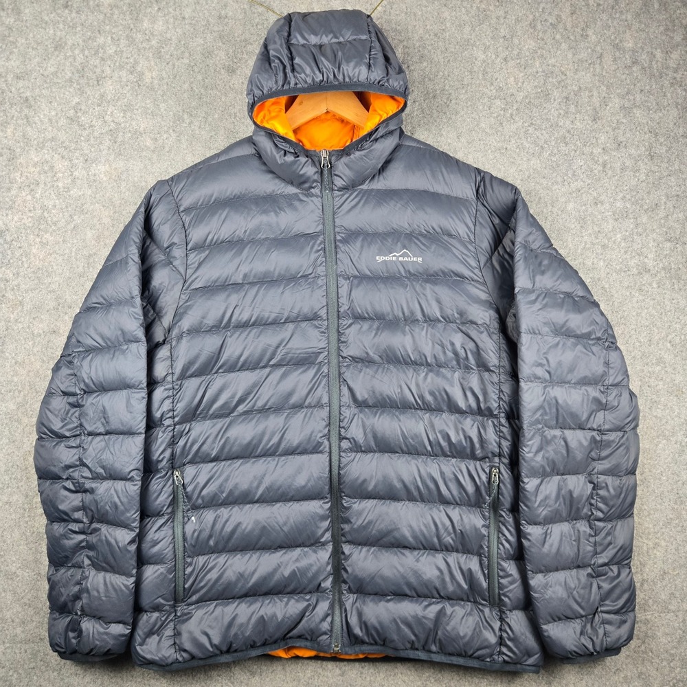 Eddie Bauer Down Puffer Jacket Mens Large Gray 650 Fill Hooded Packable Outdoor